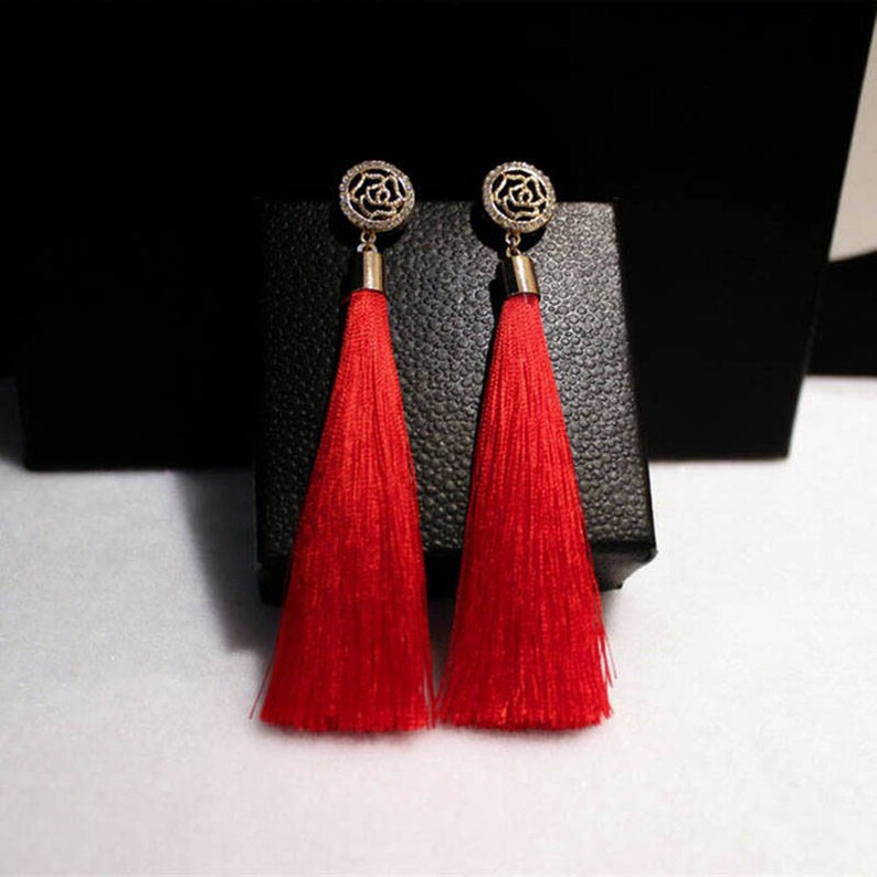 Wedding Earrings Gift-for-Her Valentine/'s Day Gift Statement Earrings Long Red Tassel Crystal Earrings Tassel Statement Jewelry