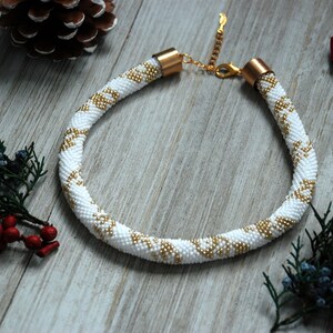 Bead Crochet Choker Necklace, Gold & White Beaded Rope, Bib Jewelry, Boho Style, Women Gift, Beaded Gold Pattern Necklace, Gift-for-Her image 5