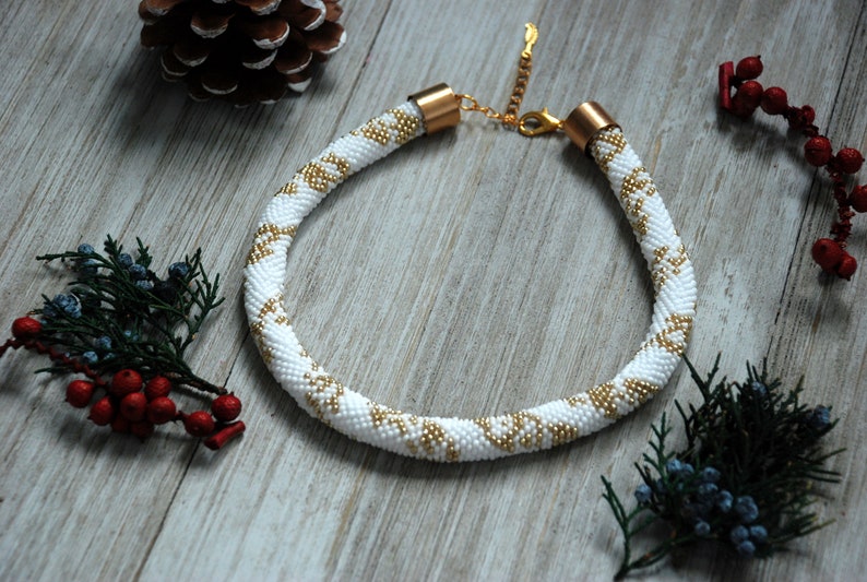 Bead Crochet Choker Necklace, Gold & White Beaded Rope, Bib Jewelry, Boho Style, Women Gift, Beaded Gold Pattern Necklace, Gift-for-Her image 5