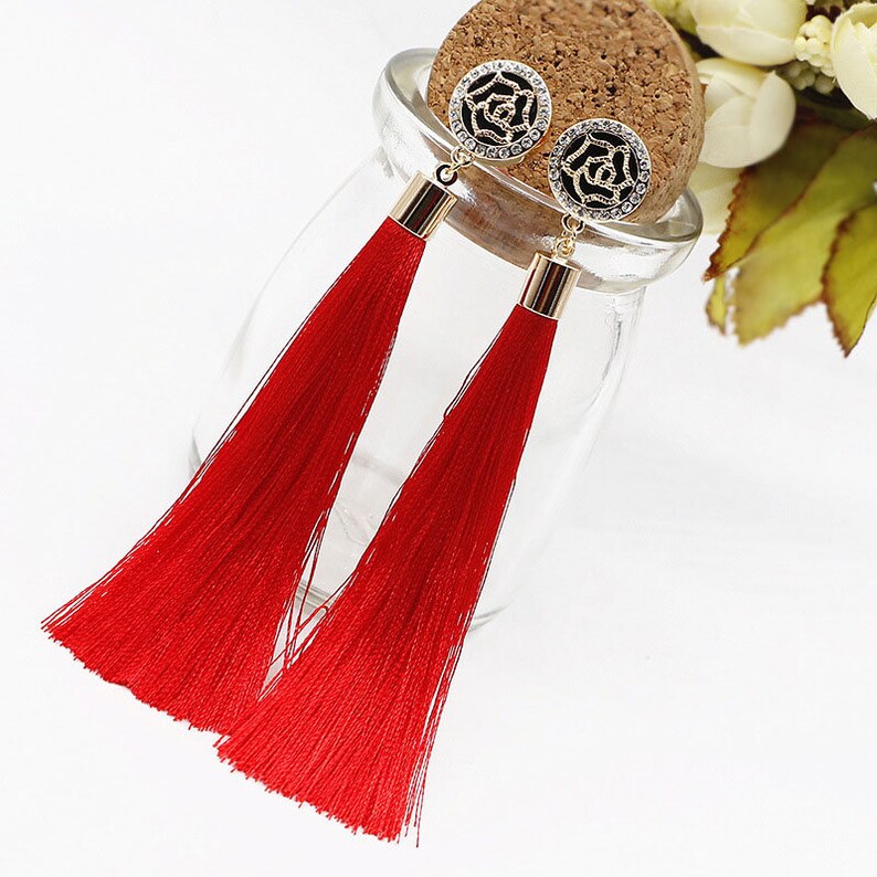 Wedding Earrings Gift-for-Her Valentine/'s Day Gift Statement Earrings Long Red Tassel Crystal Earrings Tassel Statement Jewelry
