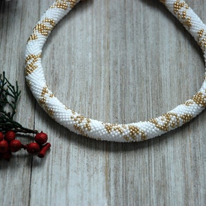 Bead Crochet Choker Necklace, Gold & White Beaded Rope, Bib Jewelry, Boho Style, Women Gift, Beaded Gold Pattern Necklace, Gift-for-Her image 6