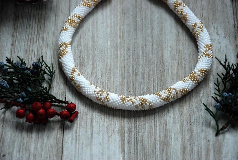 Bead Crochet Choker Necklace, Gold & White Beaded Rope, Bib Jewelry, Boho Style, Women Gift, Beaded Gold Pattern Necklace, Gift-for-Her image 6