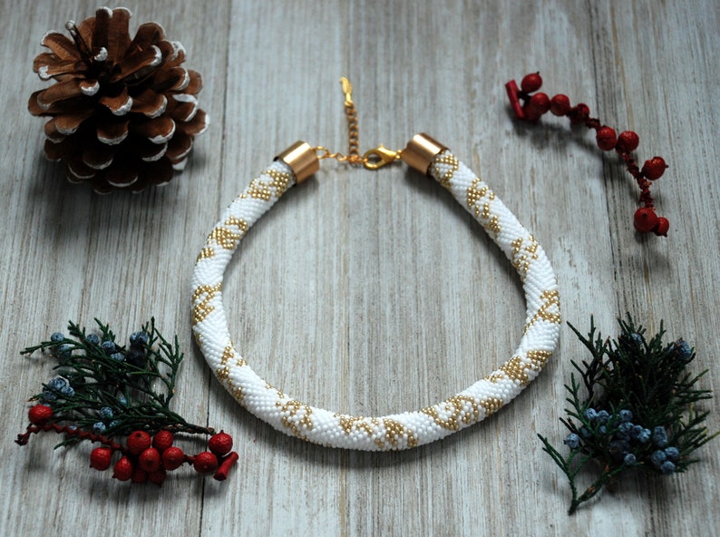 Bead Crochet Choker Necklace, Gold & White Beaded Rope, Bib Jewelry, Boho Style, Women Gift, Beaded Gold Pattern Necklace, Gift-for-Her image 2