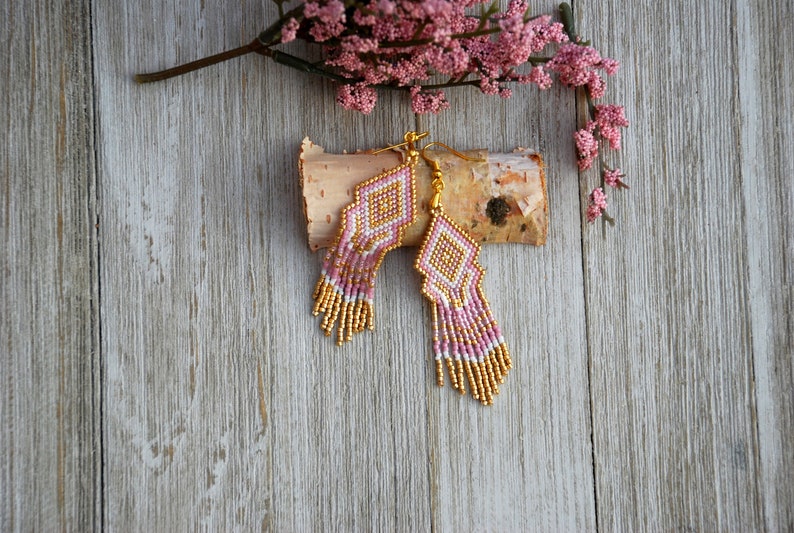 Pink Fringe Earrings, Beaded Work, Long Geometric Earrings, Native Beaded Earrings, Seed Bead Earrings, Shoulder Dusters, Gift-for-Her image 10