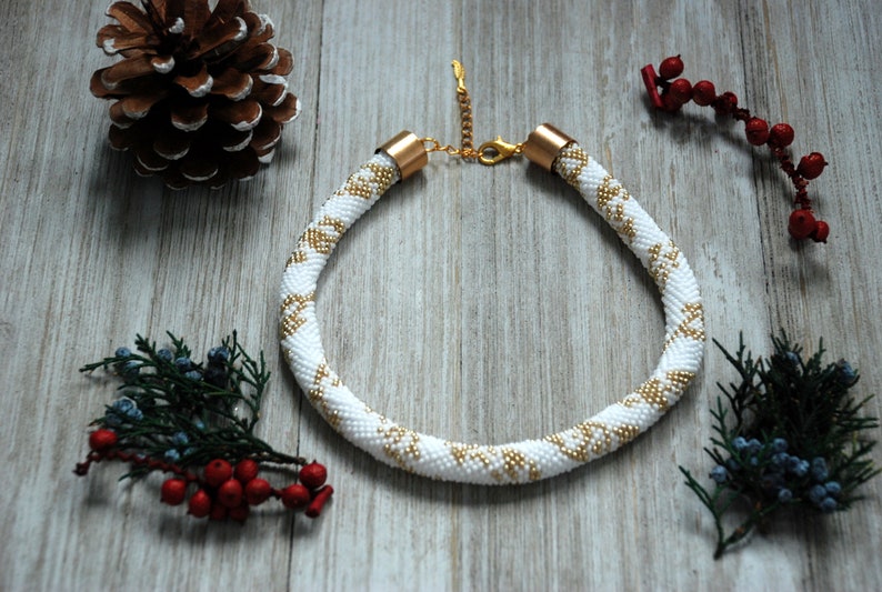 Bead Crochet Choker Necklace, Gold & White Beaded Rope, Bib Jewelry, Boho Style, Women Gift, Beaded Gold Pattern Necklace, Gift-for-Her image 4