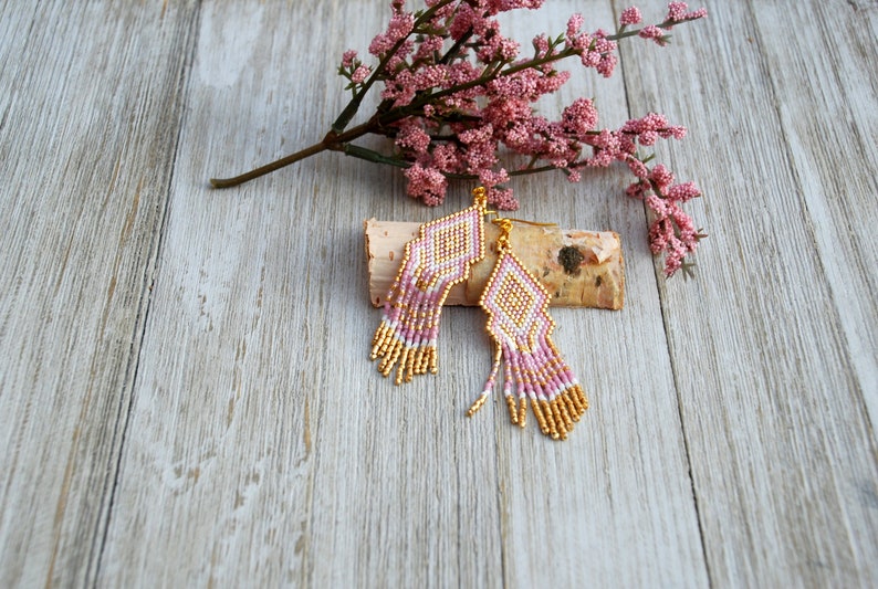 Pink Fringe Earrings, Beaded Work, Long Geometric Earrings, Native Beaded Earrings, Seed Bead Earrings, Shoulder Dusters, Gift-for-Her image 2