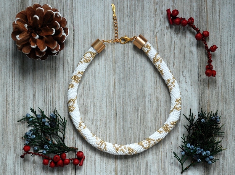 Bead Crochet Choker Necklace, Gold & White Beaded Rope, Bib Jewelry, Boho Style, Women Gift, Beaded Gold Pattern Necklace, Gift-for-Her image 1