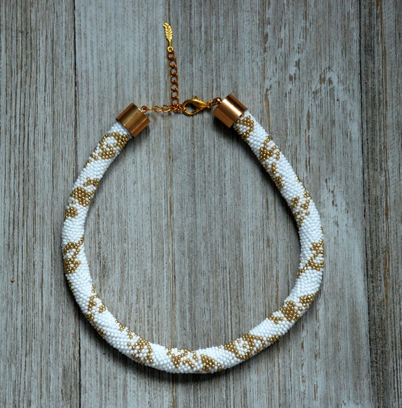 Bead Crochet Choker Necklace, Gold & White Beaded Rope, Bib Jewelry, Boho Style, Women Gift, Beaded Gold Pattern Necklace, Gift-for-Her image 7