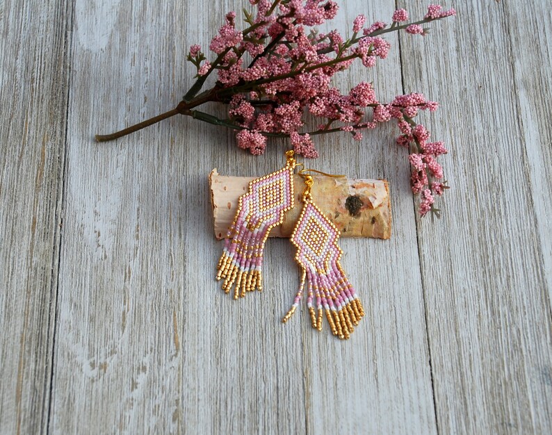 Pink Fringe Earrings, Beaded Work, Long Geometric Earrings, Native Beaded Earrings, Seed Bead Earrings, Shoulder Dusters, Gift-for-Her image 7