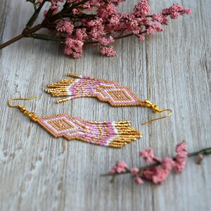 Pink Fringe Earrings, Beaded Work, Long Geometric Earrings, Native Beaded Earrings, Seed Bead Earrings, Shoulder Dusters, Gift-for-Her image 5