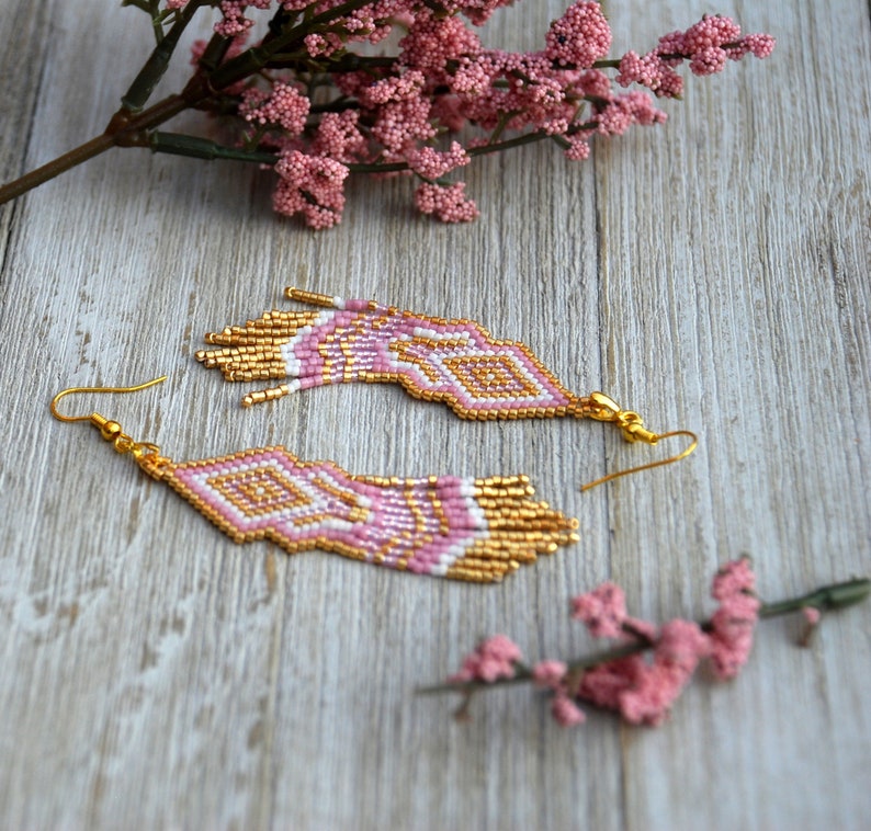 Pink Fringe Earrings, Beaded Work, Long Geometric Earrings, Native Beaded Earrings, Seed Bead Earrings, Shoulder Dusters, Gift-for-Her image 5