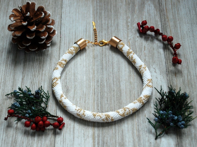 Bead Crochet Choker Necklace, Gold & White Beaded Rope, Bib Jewelry, Boho Style, Women Gift, Beaded Gold Pattern Necklace, Gift-for-Her image 3