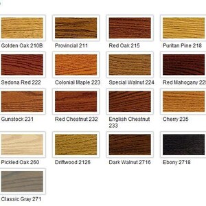 May include: A chart of 18 different wood stain colors from Minwax Wood Finish. The colors are arranged in a grid of 6 rows and 3 columns. Each color is labeled with a name and a number. The chart also includes a can of Minwax Wood Finish.