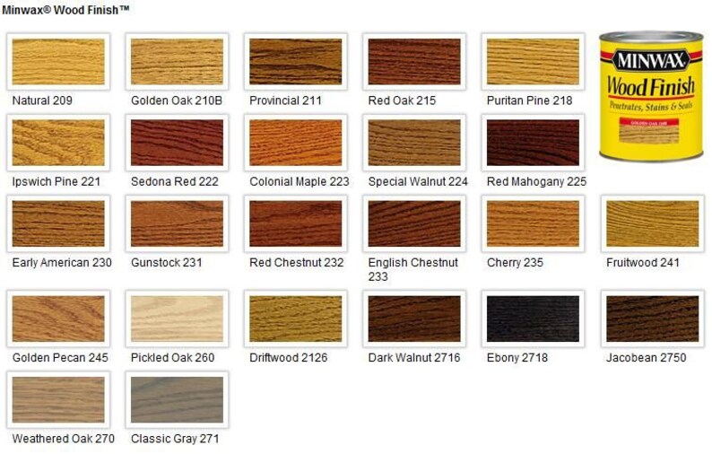 May include: A chart of 18 different wood stain colors from Minwax Wood Finish. The colors are arranged in a grid of 6 rows and 3 columns. Each color is labeled with a name and a number. The chart also includes a can of Minwax Wood Finish.