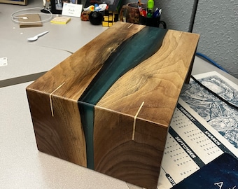Walnut with Maple Spline Epoxy River Stool with LED