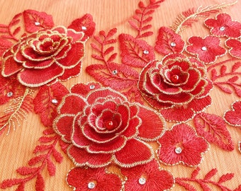 42cm x 24cm  Beautiful 3d flower applique / lace trim in dark red with gold edging ref AP58 / prom / bridesmaid dress