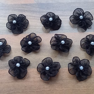 10 - 2.5cm diameter beautiful black organza flowers with large pearlized bead to centre