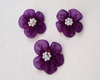 Purple Organza Flowers with Pearl Beads (10 - 3.5cm)