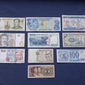 May include: A collection of ten international banknotes featuring various portraits, landscapes, and denominations. The bills include currencies from China, the Philippines, Nigeria, Indonesia, Ecuador, Italy, and Russia, displayed in a grid arrangement.