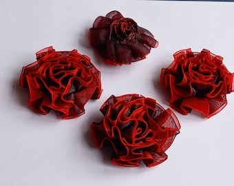 4 Red and Black Chiffon Flower Heads: 6cm Double Layer Roses