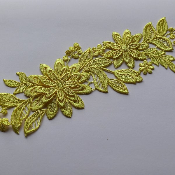 25cm par 7cm Magnifiques fleurs 3d jaunes guipure/venise APPLIQUE EN jaune réf AP201