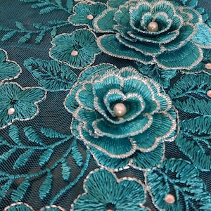 Groenblauwe 3D-bloemkanten rand, zilveren randen, pailletten kralen appliqué (44 cm x 26 cm)