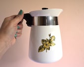Vintage Coffee Pot, Corning Natures Bounty Brew N Serve 8 Cup, Mustard Yellow Flowers, Leaves, and Berries, P 508 1971