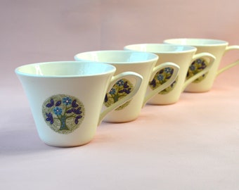 4 Coffee Cups, Green Tree with Blue and Purple Flowers and Leaves on White, 1960s Mod