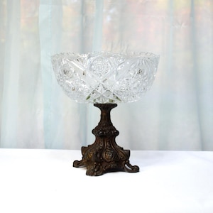 Cut Glass Pedestal Compote with Ornate Metal Base, Large and Heavy Clear Bowl with Stars, Flowers, and Buttons on Tarnished Brass Base