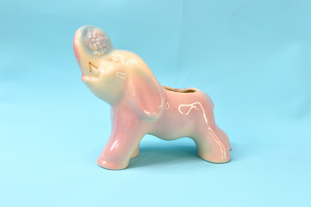 Vintage Elephant Planter, Pink and Blue, Trunk Up, Holding Bouquet Etsy