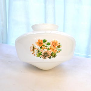1980s Ceiling Light Shade, White Glass, Orange, Brown, and Blue Flowers, 9.5 Inches Diameter