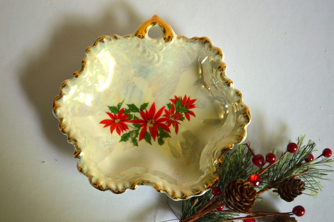 Vintage Christmas Candy Dish With Poinsettias, Iridescent Glaze, Gold