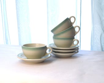 Diner Coffee Cups with Saucers by Shenango China, Mint Green Airbrushed Bands on White, Set of 4