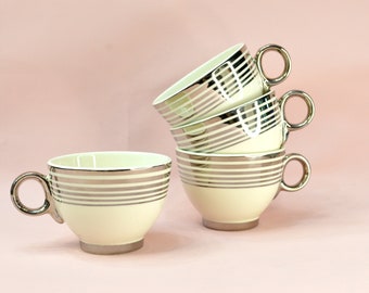 Vintage Coffee Cups, White with Platinum Stripes, Round Handles, Set of 4