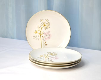 Vintage Salad Plates, Dawn by Meito China, Casual Botanical Design with Gold Trim, Set of 4