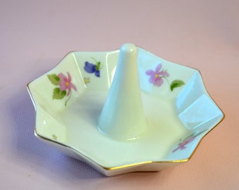 Vintage Porcelain Ring Holder, Floral Jewelry Dish, White with Pink and Purple Flowers by Fred Roberts