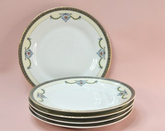 Antique Noritake Bread Plates, Gleneden, Blue Swags with Pink Roses, 1920s, Set of 5