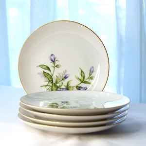 Floral Side Plates, Eterna China Bluebells, White Bread Plates with Purple-Blue Flowers and Green and Gray Leaves, Gold Trim, Set of 5
