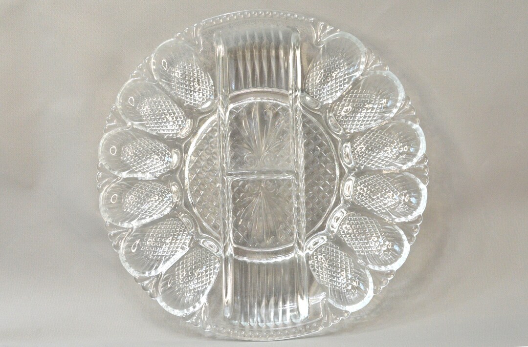 Vintage Clear Glass Deviled Egg Tray With Relish Compartments by L.E