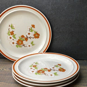 Set of 4 Vintage 1970s Bread Plates, Empress by Newcor, Orange and White Flowers on Beige Stoneware