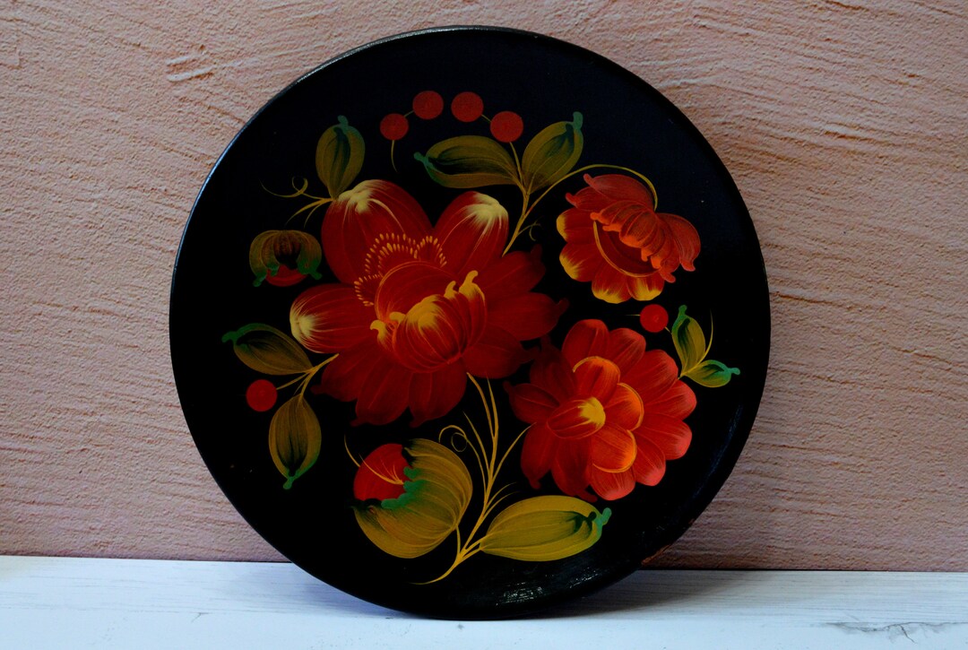 Vintage Hand Painted Wooden Plate Wall Hanging Floral Etsy