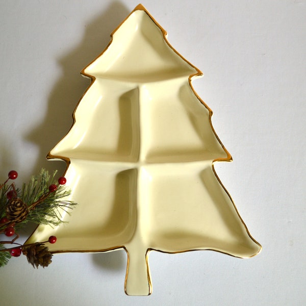 Vintage Divided Dish Snack Server, Christmas Tree, White and Gold
