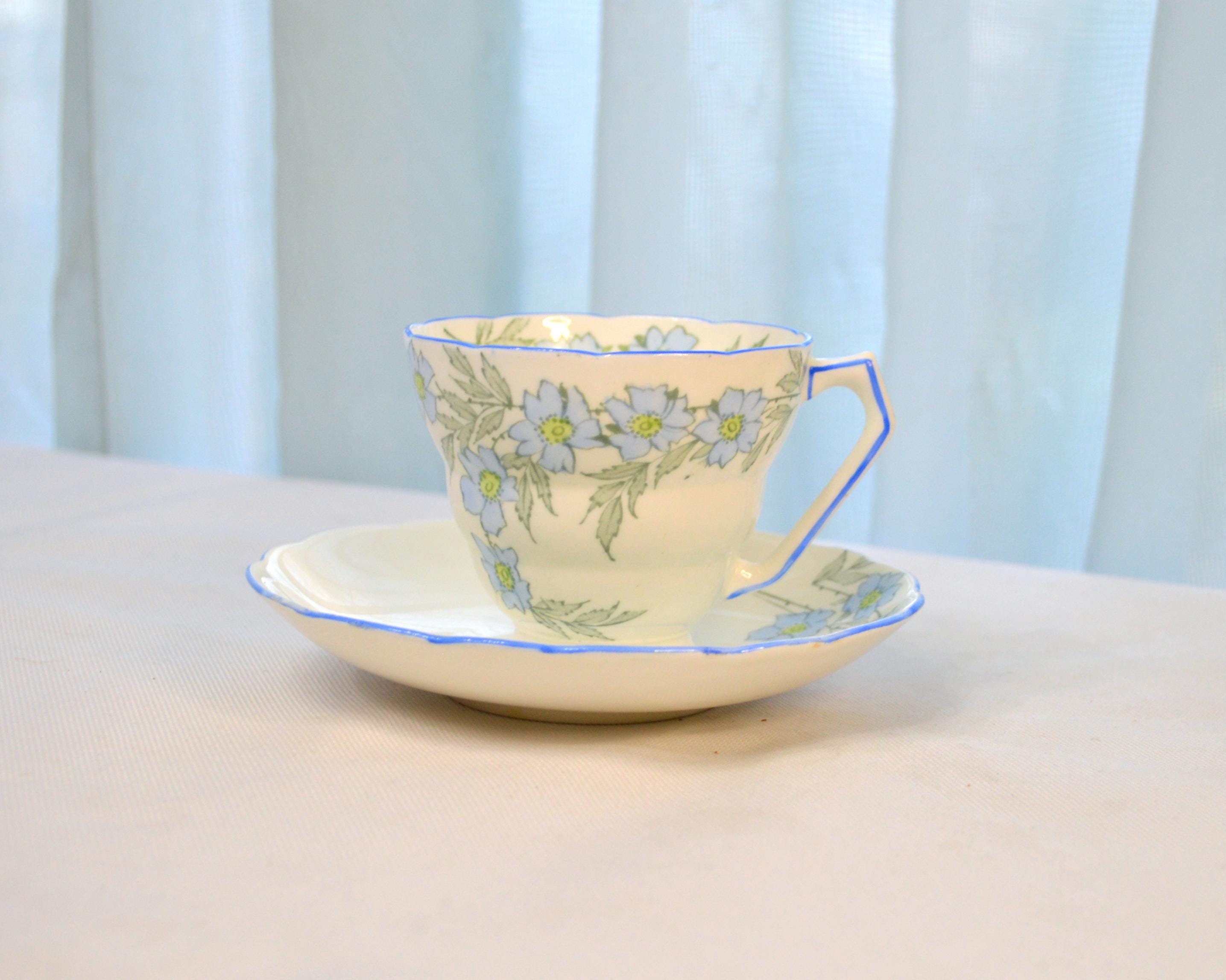 1930s Bone China Teacup and Saucer, Blue Flowers with Yellow Centers on White, Radford Countess Pattern