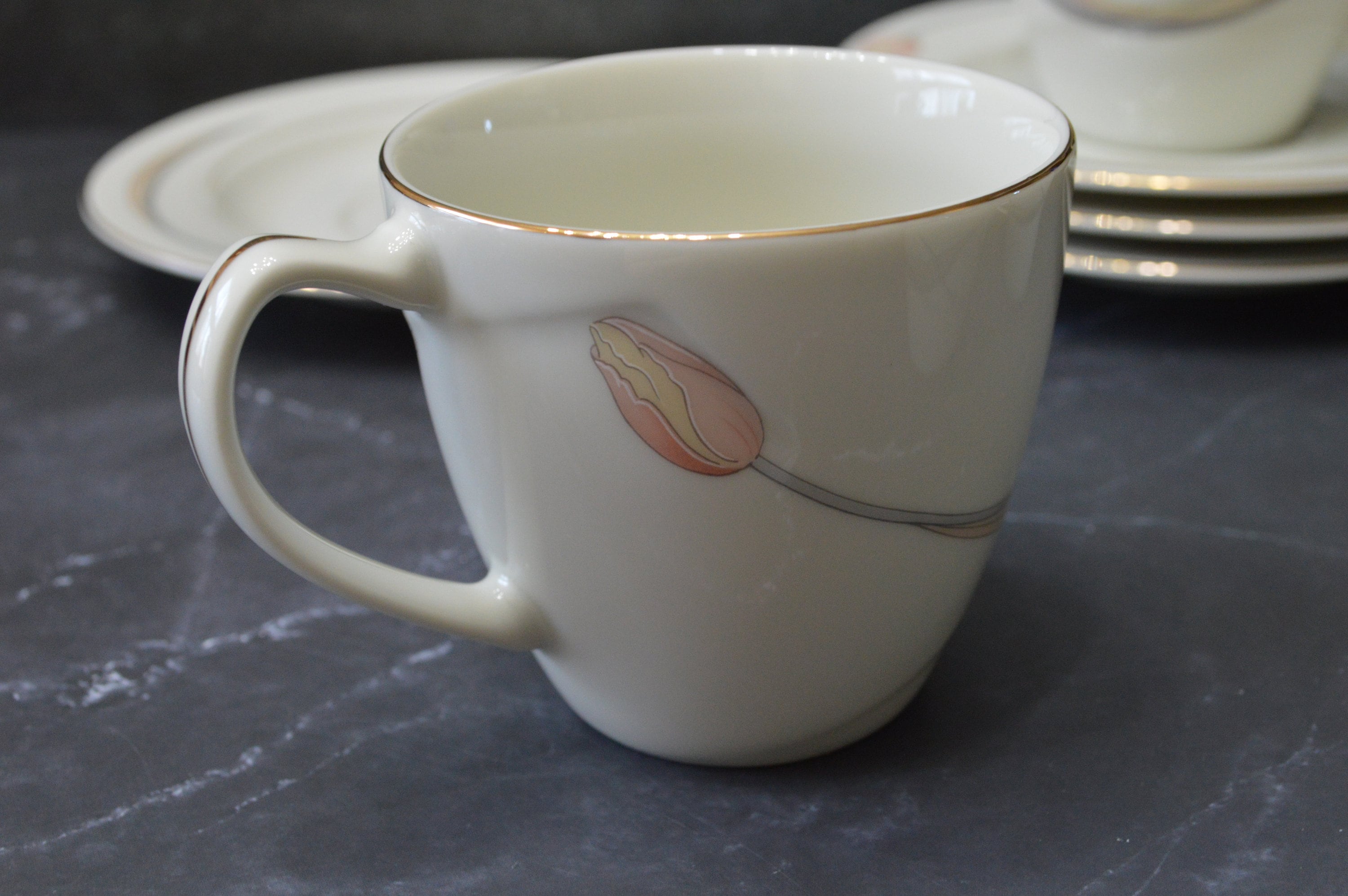 1980s Cups and Saucers, Stylized Pink Tulips, Gray Leaves, Amsterdam by ...