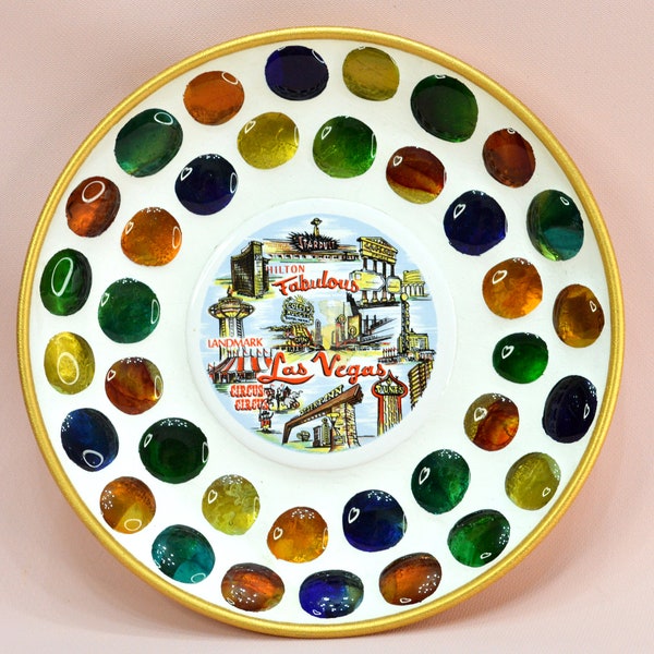 Vintage Las Vegas Travel Souvenir Bowl with Colorful Glass Stones and Landmarks