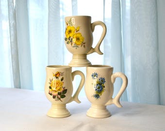 White Pedestal Mugs with Yellow Wild Roses, Cabbage Roses, and Blue Cornflowers, Set of 3 Floral Large Coffee Cups