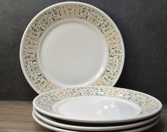 Vintage Shenango China Plates, Restaurant Ware, White with Gold Scroll, Set of 4 four