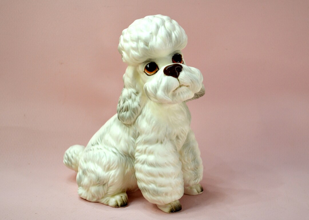Vintage Ceramic Poodle Figurine, Sitting Gray and White Dog With Big