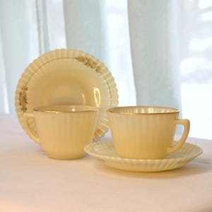 Depression Glass Coffee Cups and Saucers, MacBeth Evans Petalware Cremax, Set of 2, Beige with Gold Floral Decals