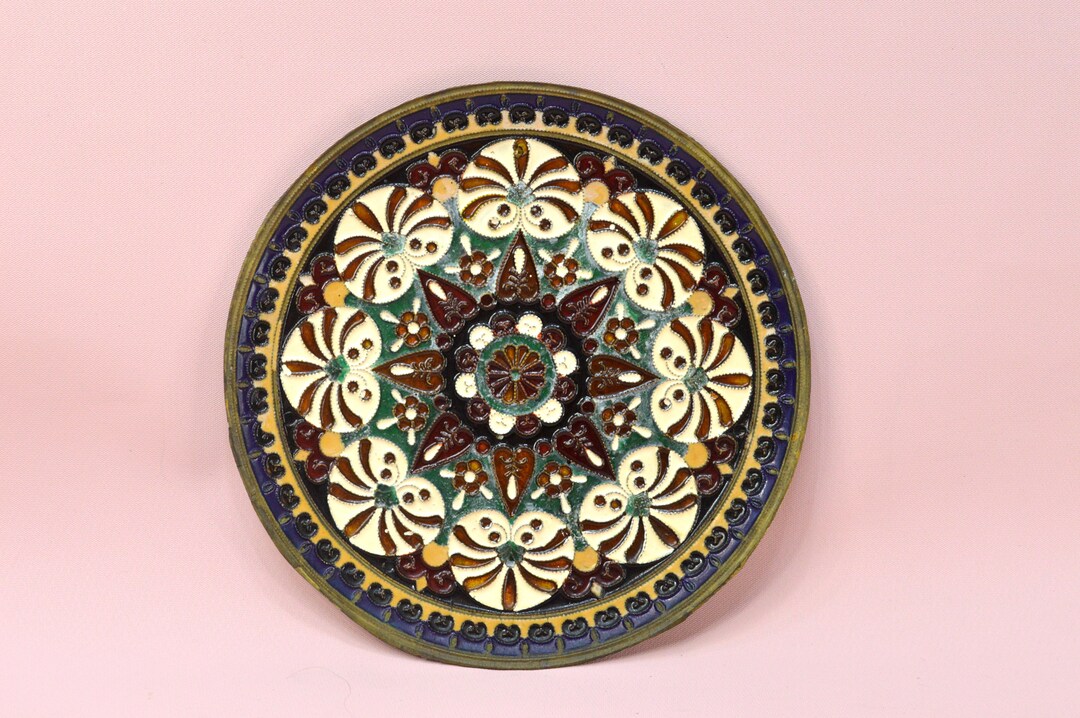 Vintage Enameled Brass Plate Wall Hanging, Colorful Jewel Tone